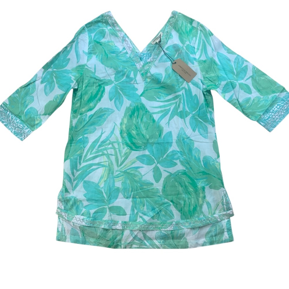 Christian Siriano Green Tropical Tunic Top V Neck Embroidered Trim Women’sSize S